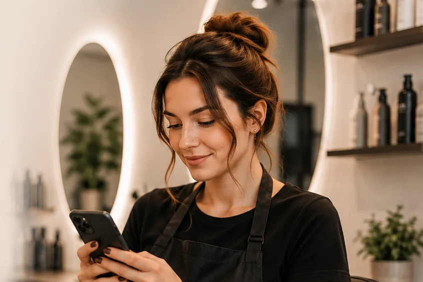 Beauty specialist with phone